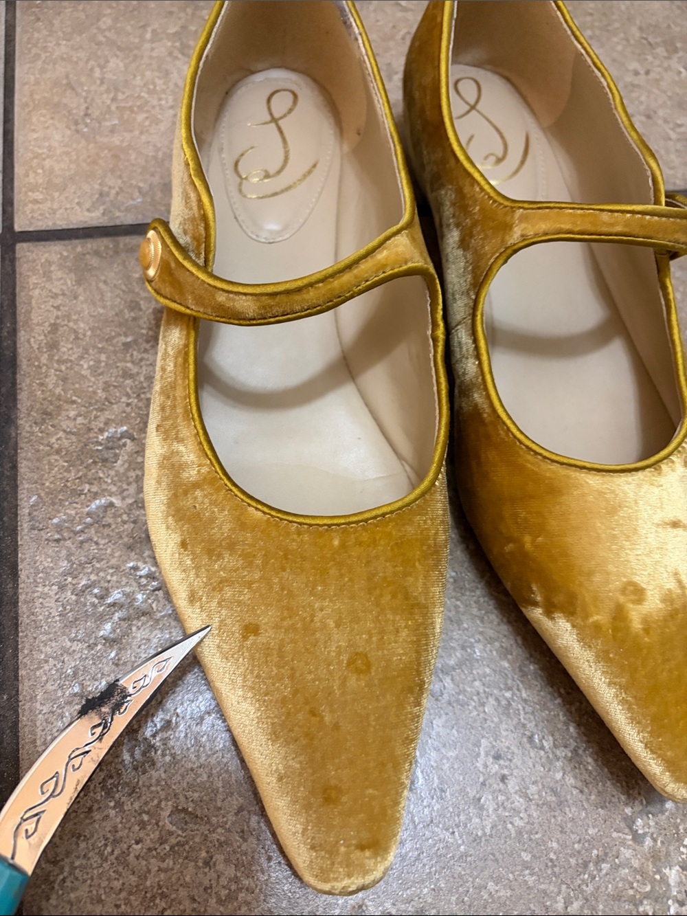 Sam Edelman Gold Velvet Mary Jane Pointed-Toe Flats - Picture 4 of 9
